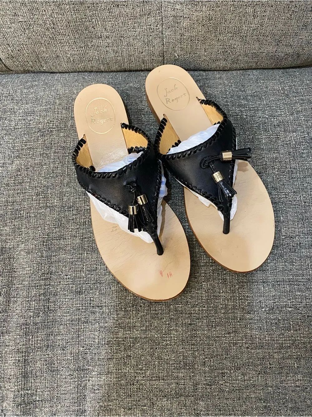 Jack RogersāBlack Leather Tassel Thong Sandals with Gold Accents Women Size 8.5